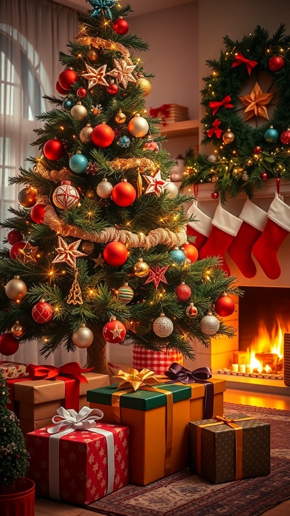 A festive Christmas background with a decorated tree, presents, and a cozy fireplace.